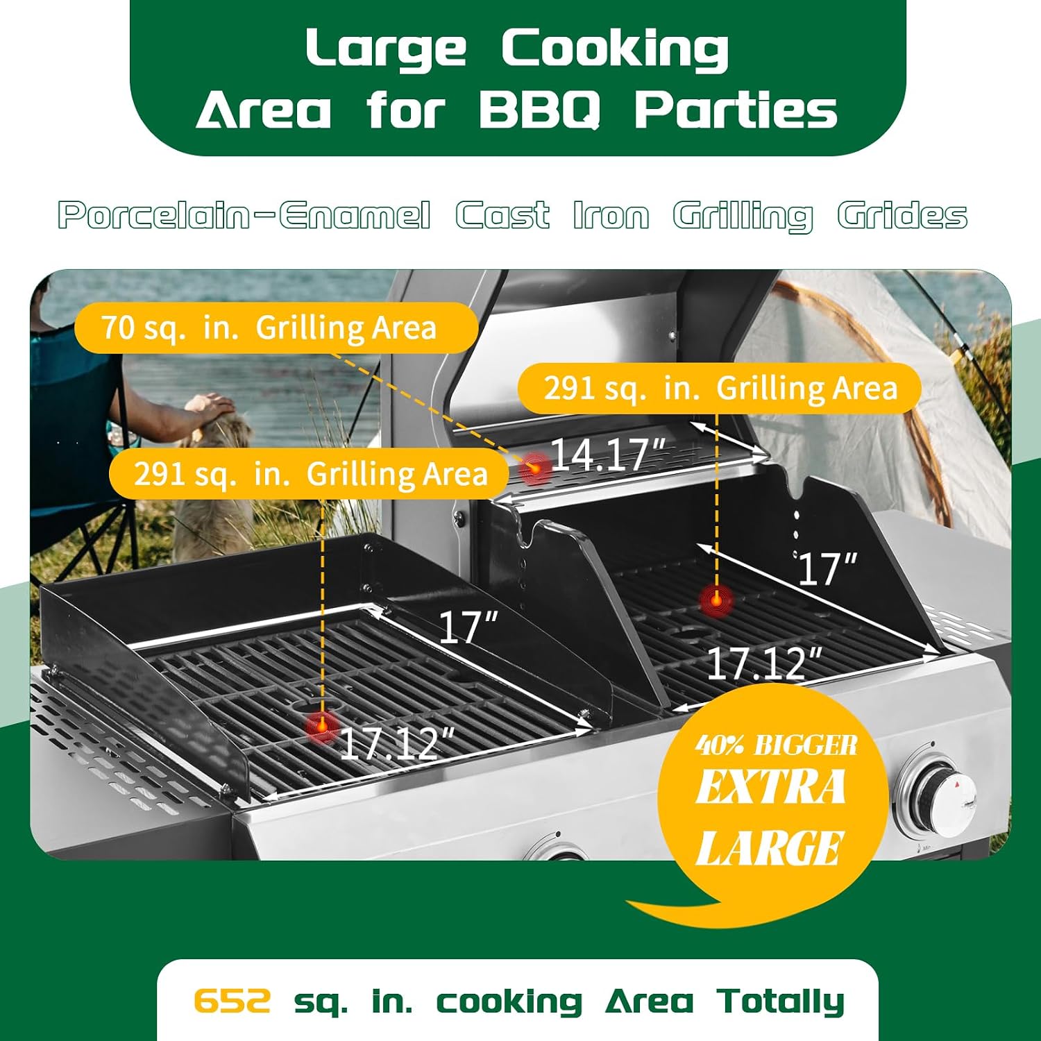 2+2 Multi-function Pizza Griddle Grill Combo,4 Burners Stainless Steel Propane Gas Grill,49,200 BTU Output for Outdoor BBQ,Frying,Pizza Making,Patio Backyard Barbecue,Deck