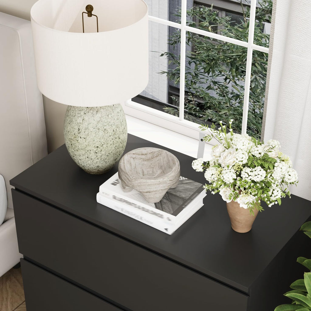 Bed Side Tables Bedroom Set of 2, Mid Century Modern Night Stand with Drawers for Bedroom, 30.3'W Bedside Tables with Drawers and Concealed Handle, Bedside End Tables for Living Room, Black