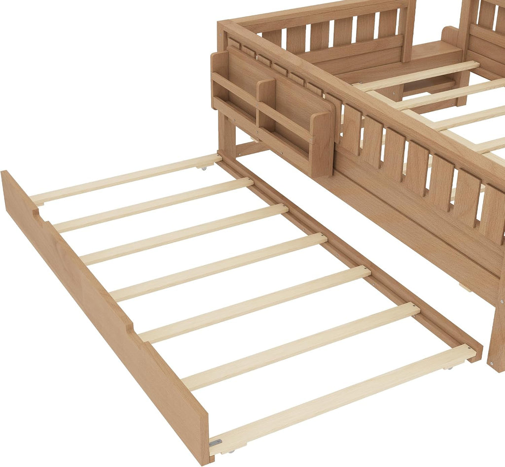 Bellemave Full Bed with Trundle and Stairs, Full Size Platform Bed Frame with Fence and Bookshelf, Easy Assemble Beds for Kids, Girls, Boys, Natural