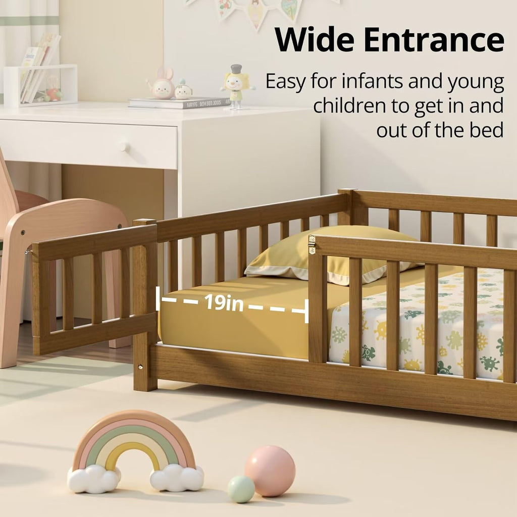 i-POOK Full Floor Bed Frame with Wood Slats, High Fence & Small Door, Pinewood Montessori Floor Bed for Girls and Boys,Light Espresso