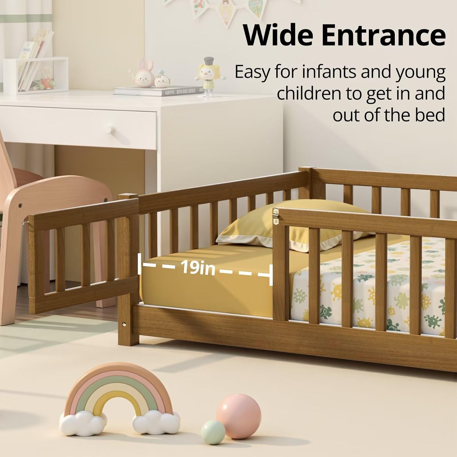 i-POOK Full Floor Bed Frame with Wood Slats, High Fence & Small Door, Pinewood Montessori Floor Bed for Girls and Boys,Light Espresso