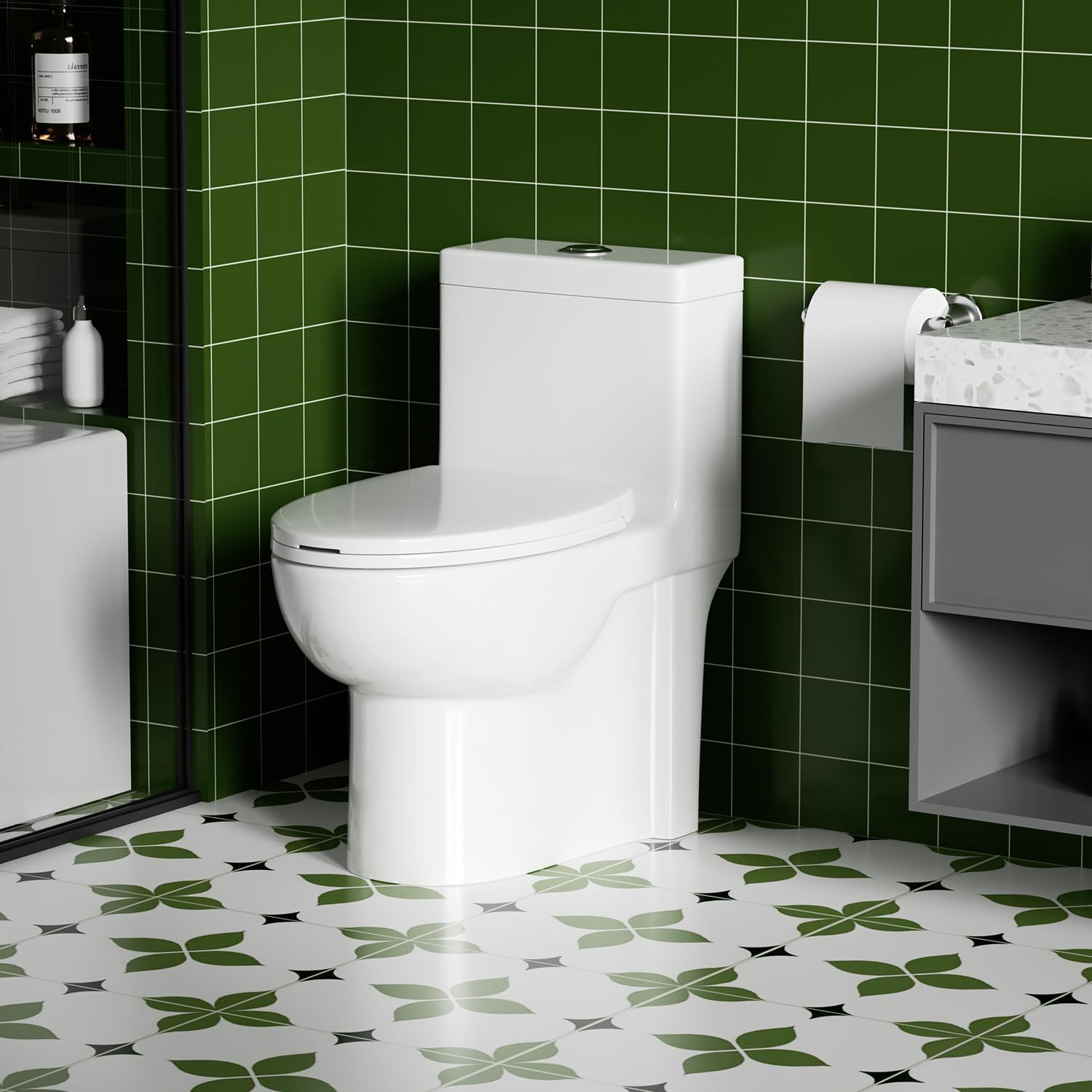 Elongated One Piece Toilet with ADA Comfort Height, Seat Chair Height 17.3' Modern Toilet for Bathroom, Dual Flush 0.8/1.6 GPF, MAP 1000g, 12' Rough-In, Soft Closing Seat, Glossy White