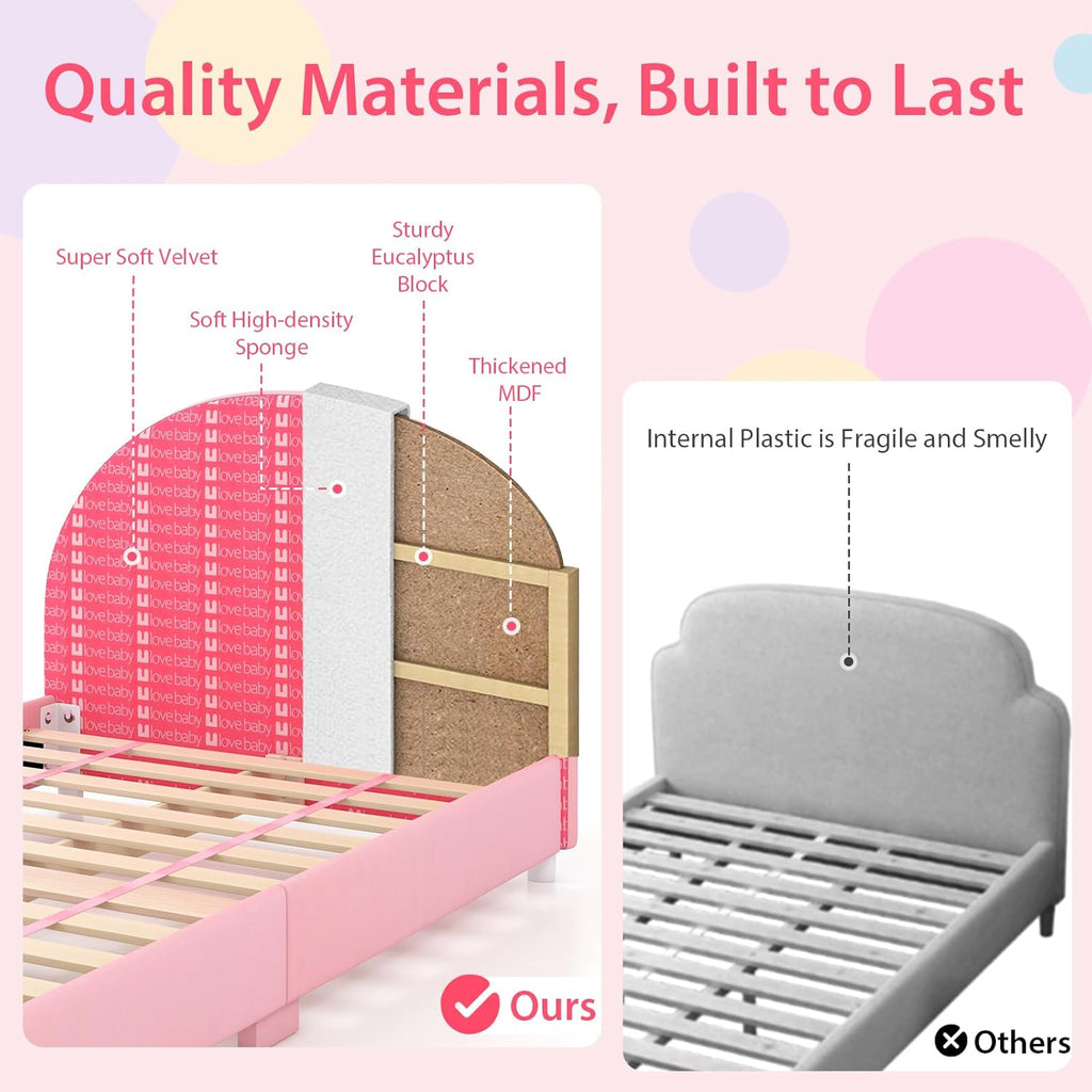 Costzon Twin Bed Frames for Kids, Wood Upholstered Twin Bed Platform with Slat Support, Padded Headboard&Footboard, No Box Spring Needed, Easy Assembly, Fits Standard Twin Mattress (Bow Tie)