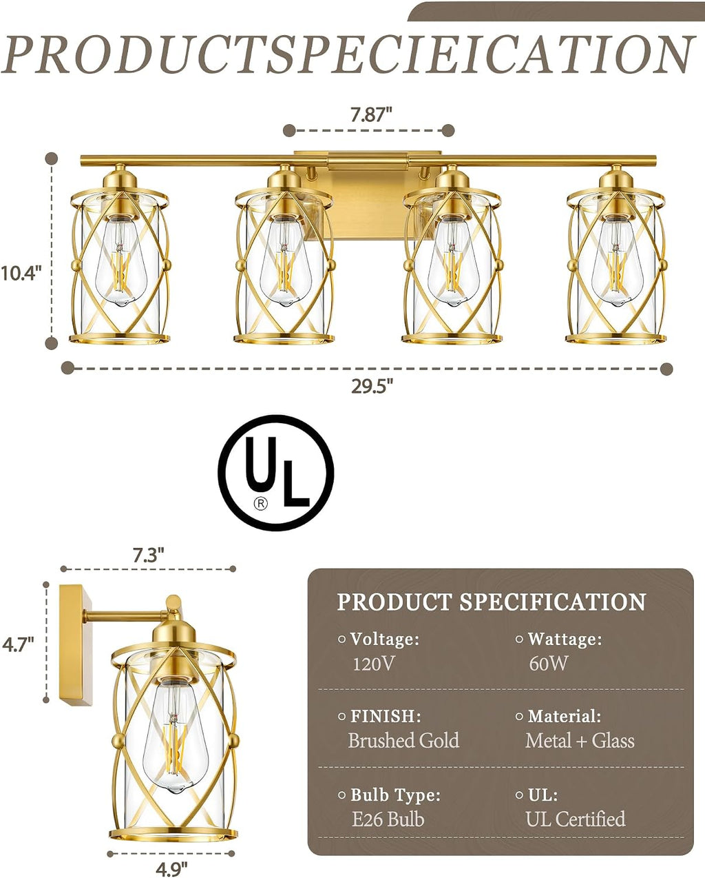 4-Light Brushed Gold Bathroom Light Fixtures, 29 Inch Modern Bathroom Vanity Lighting Fixtures Over Mirror with Clear Glass and Metal Cage Wall Sconce Lights for Bath, E26, CH9176BG-4W