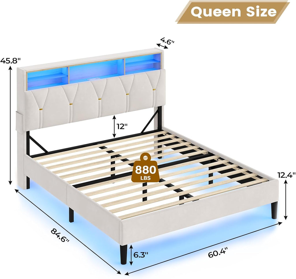 BTHFST Queen Bed Frame with Headboard Storage & LED Lights, Platform Bed Frame Queen Size with Charging Station, Velvet Upholstered Bed with Shelf Headboard, No Box Spring Needed, Creamy White