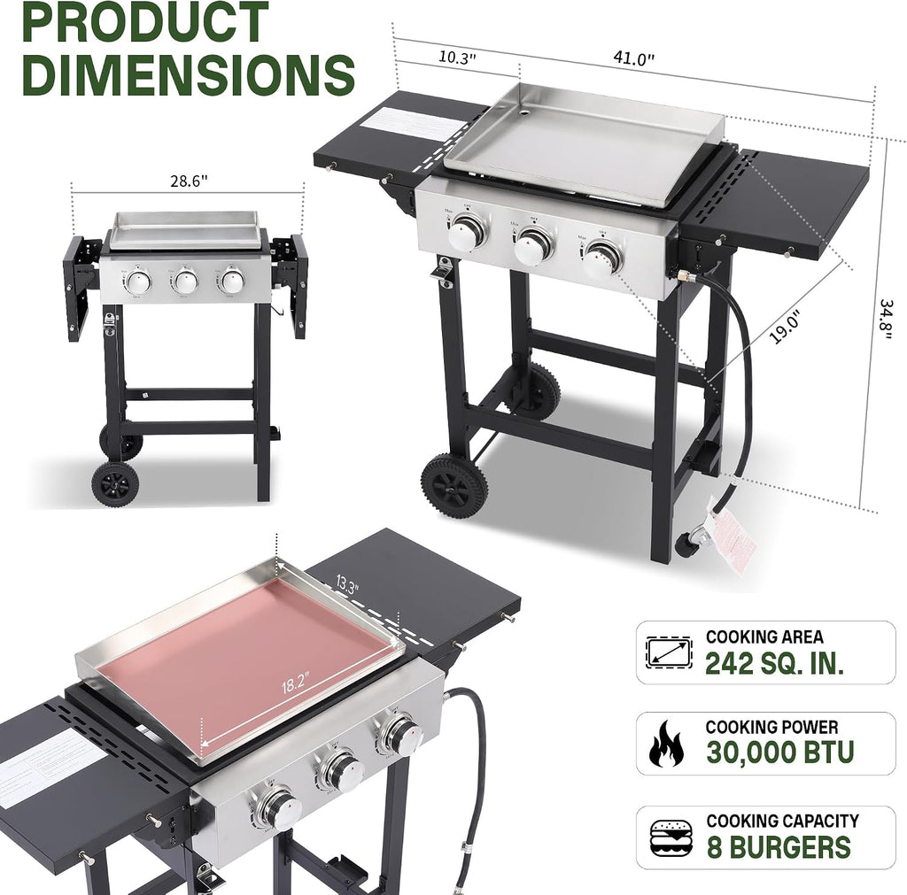 3-Burner Flat Top Grill with Folding Side Tables, Outdoor Griddle Grill with Storage Cover, 30,000 BTU Flat Grill with Stainless Steel Cooking Surface for BBQ, Camping, Tailgating