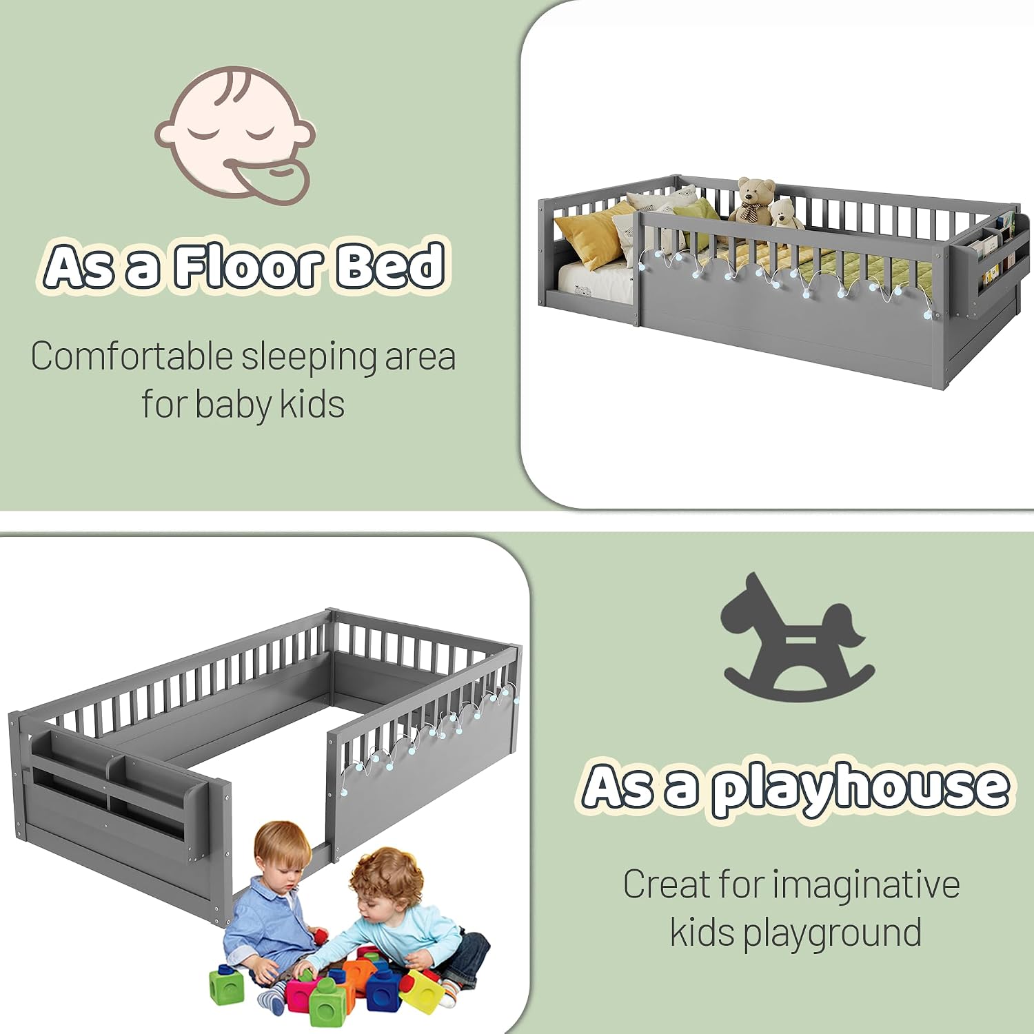 Montessori Floor Bed with High Rails,Twin Size Floor Bed Frame for Kids, LED Lights & Storage Shelf, Safe & Wider Opening Gate Design, Playground & Sleep Space for Girls Boys,Grey