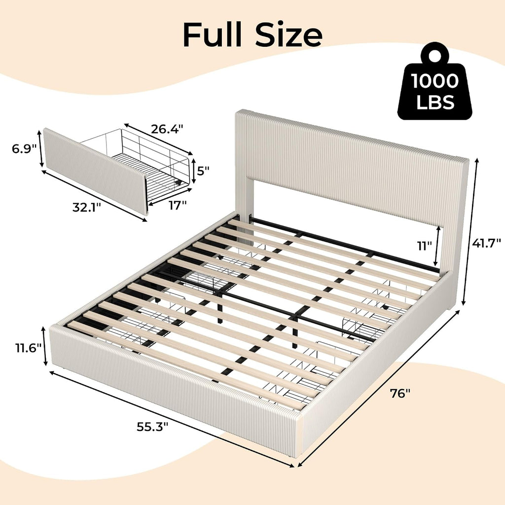Full Size Bed Frame with 4 Storage Drawers, Platform Bed Frame Full with Upholstered Channel Tufted Wingback Headboard, Strong Wooden Slats Support, No Box Spring Needed, Beige