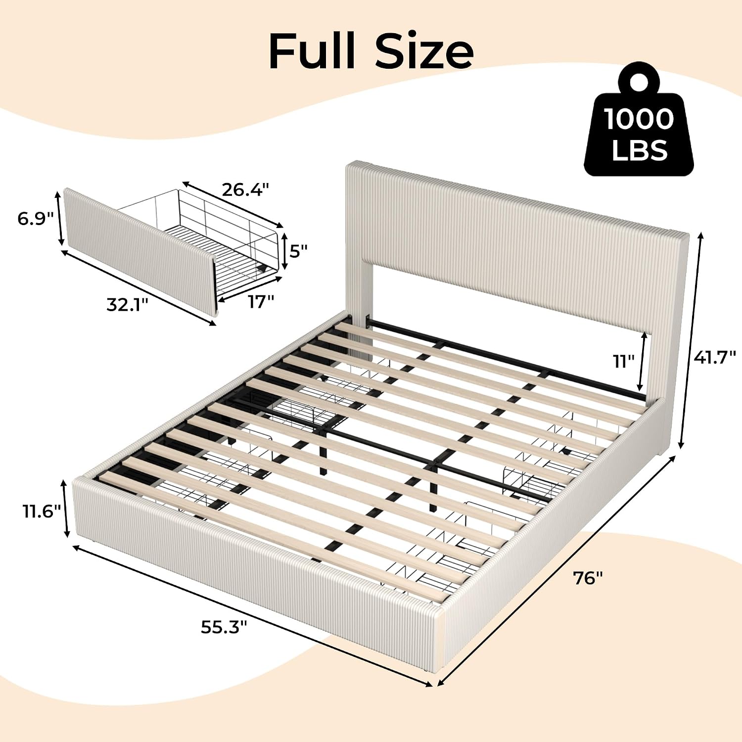 Full Size Bed Frame with 4 Storage Drawers, Platform Bed Frame Full with Upholstered Channel Tufted Wingback Headboard, Strong Wooden Slats Support, No Box Spring Needed, Beige