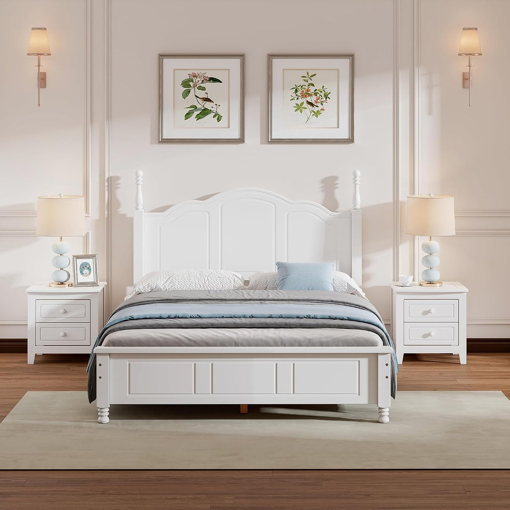 Flieks 3-Pieces Bedroom Sets,Full Size Wood Platform Bed Frame for Boys Girls Kids Adults Toddler and Two Nightstands-White