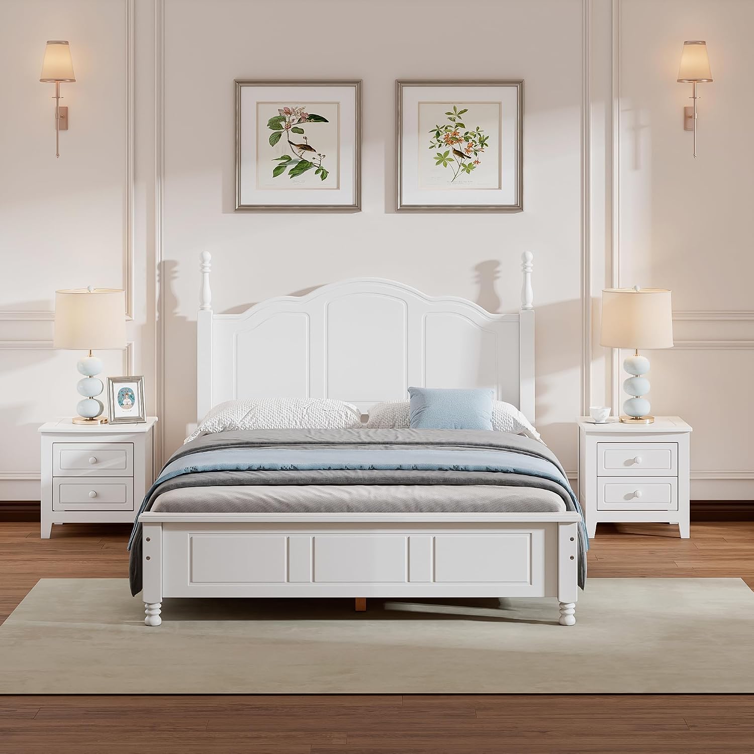 Retro Design 3-Pieces Bedroom Sets, Full Size Wood Platform Bed and 2 Nightstands with 2 Drawers and Sturdy Slats Support for Apartment Bedroom