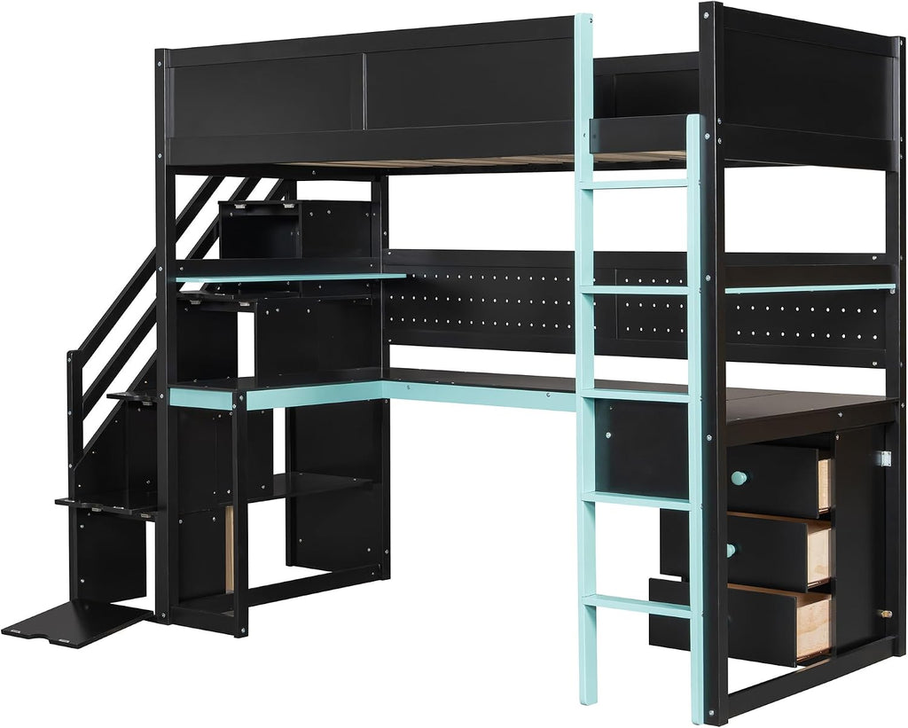 Ball & Cast Gaming Twin Size Loft Bed with Storage Stairs,Wood Gamer Loft Bed Frame W/Desk,Shelves and Pegboard,High Loft Bed W/Full-Length Guardrail,Bedroom Furniture for Student Dorms,Black+Blue
