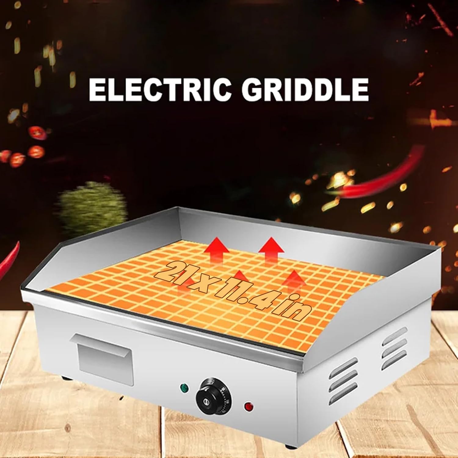 21' Commercial Electric Griddle, Stainless Steel Countertop Griddle Flat Top Grill Hot Plate BBQ 3000W Adjustable Thermostatic Control 122°F-572°F for Kitchen Restaurant