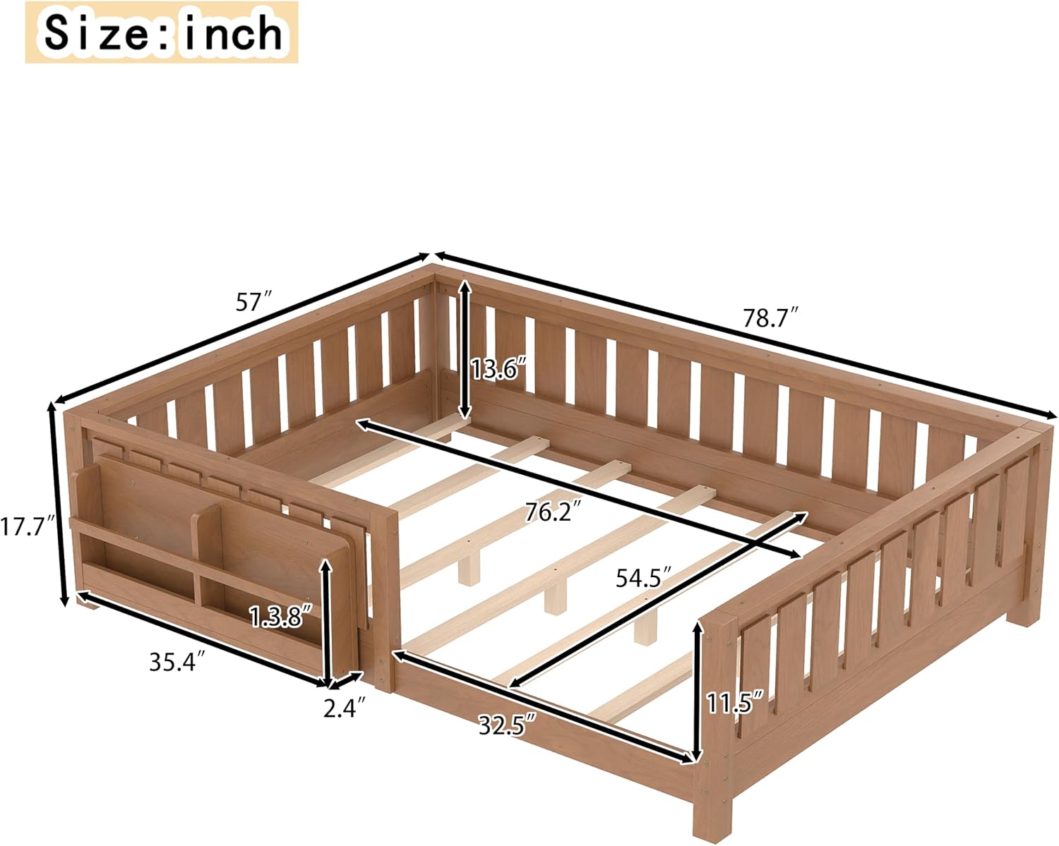 Bellemave Full Size Floor Bed with Slats and Safety Guardrail