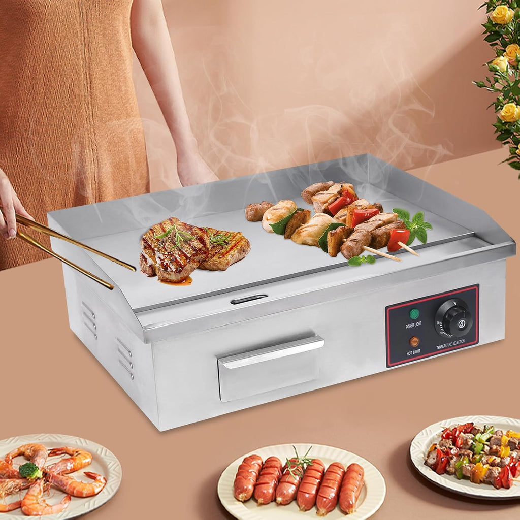 Commercial Electric Griddle 1600W, Restaurant Non-Stick Teppanyaki Flat Top Gril Adjustable Temperature Control 122°F-572°F, Countertop Griddle Tabletop Grill Stainless Steel Cooking Plate