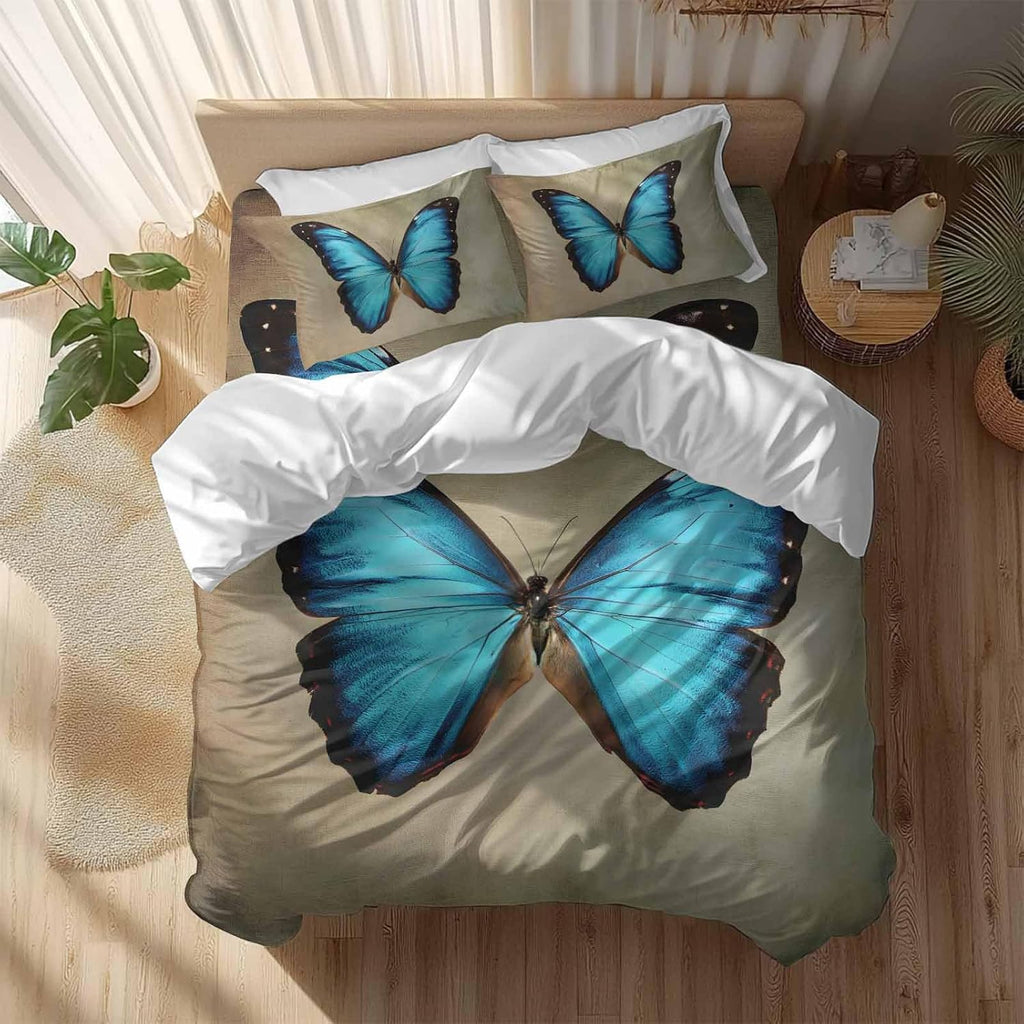 Prime Leader Blue Butterfly Duvet Cover Set Queen Size 4 Pieces Vintage Brown Retro Bug Farm Bedding Set with Zipper Closure, 1 Comforter Cover 92x106 Inches 1 Flat Sheet & 2 Pillow Cases