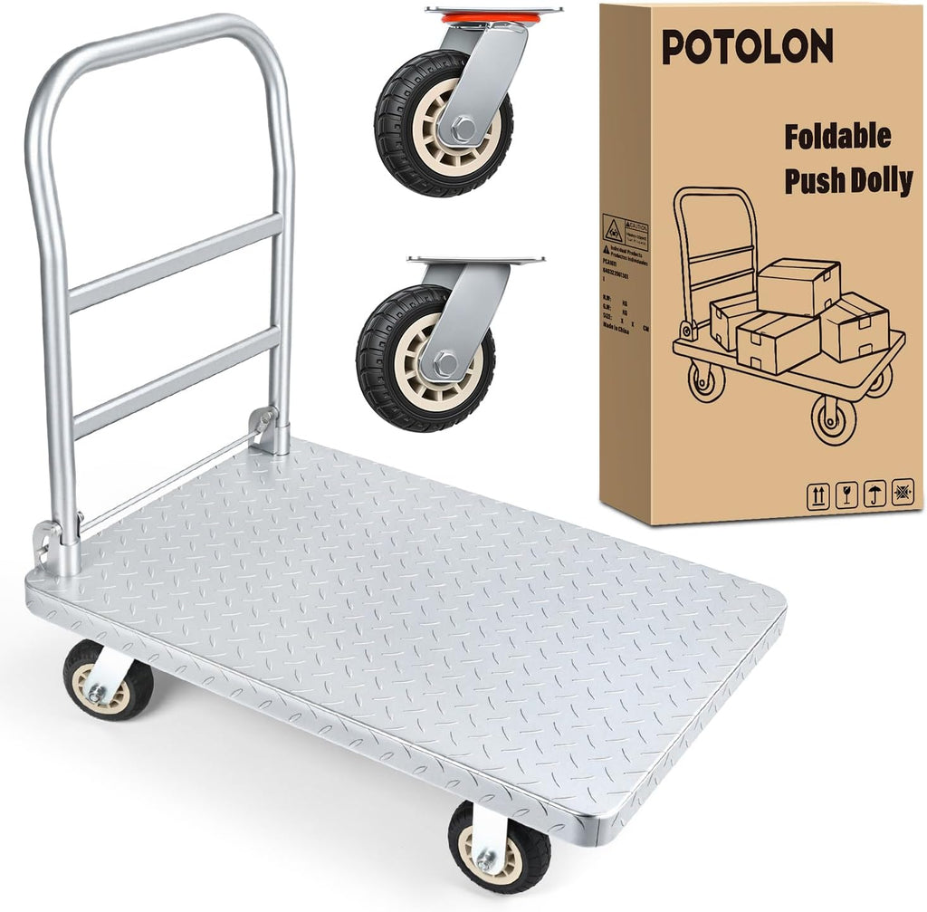 Stainless Steel Platform Cart, 1320 lbs Capacity Heavy Duty Push Cart Dolly with 5-Inch Rubber Silent Wheels, 35.4 x 23.6 Inch Flatbed Cart for Industrial & Warehouse Use, Black
