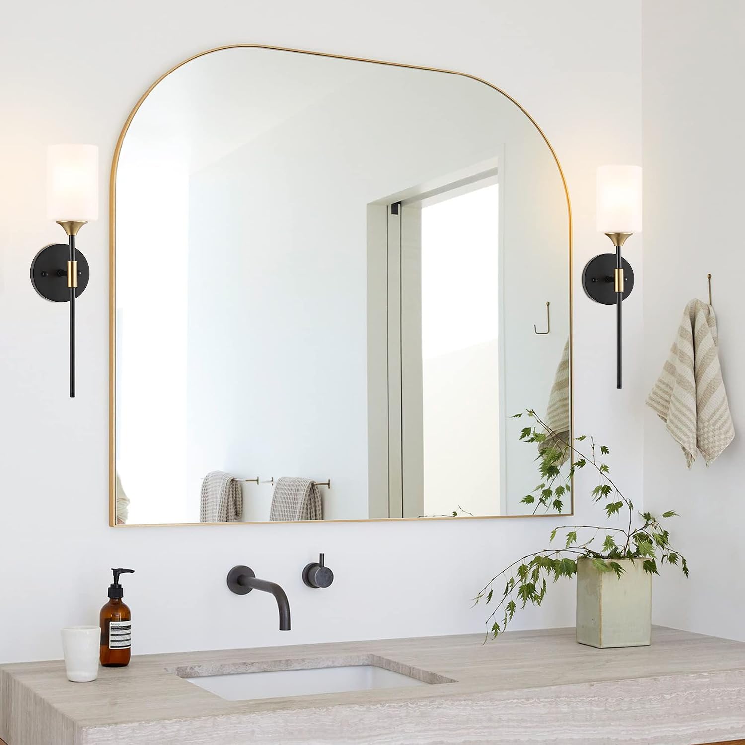 BYOLIIMA Industrial Mid Century Wall Sconce Set of 2 with White Cylinder Glass Shades Modern Bathroom Vanity Wall Lamp Black and Gold Finished Wall Light Fixture