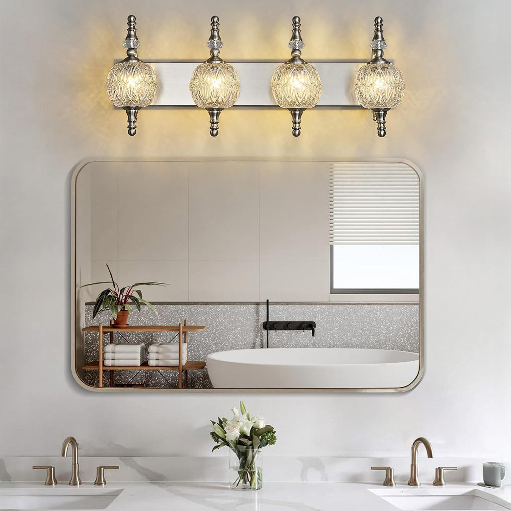 Modern Crystal Bathroom Vanity Lights Fixtures Over Mirror Brushed Nickel Vintage 4-Lights 28 Inch Bathroom Light Fixtures Glass Crystal Vanity Lights