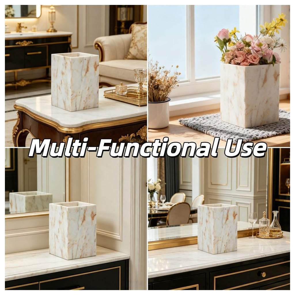 Natural Marble Waste Basket for Bathroom, Modern Gold and White Texture Rectangular Trash Can, Organic Stone Wastebasket Durable Waterproof Garbage Container Bin for Bedroom Living Room Office Kitchen