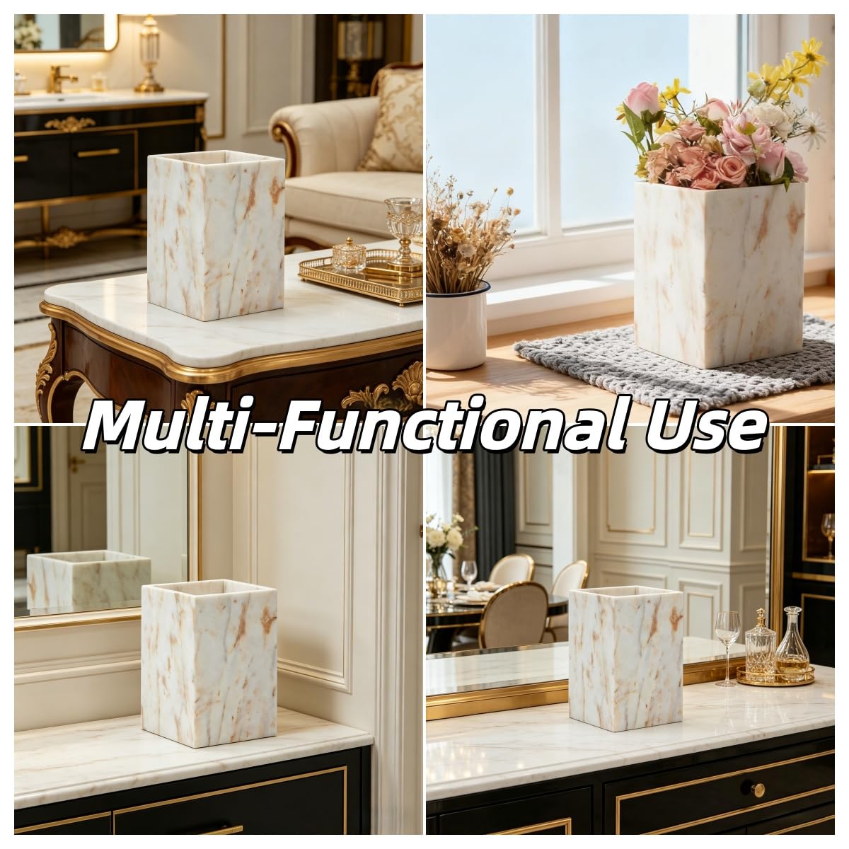 Natural Marble Waste Basket for Bathroom, Modern Gold and White Texture Rectangular Trash Can, Organic Stone Wastebasket Durable Waterproof Garbage Container Bin for Bedroom Living Room Office Kitchen