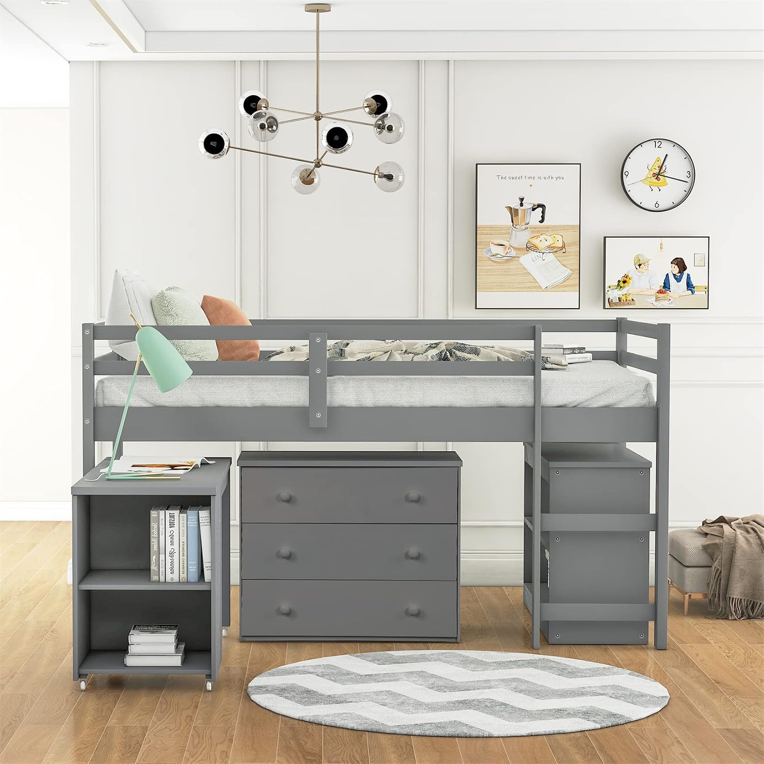 Bellemave Low Loft Bed Wood Loft Bed Frame with Storage Cabinet and Rolling Portable Desk for Kids and Teen, Boys, Girls, Twin,Gray