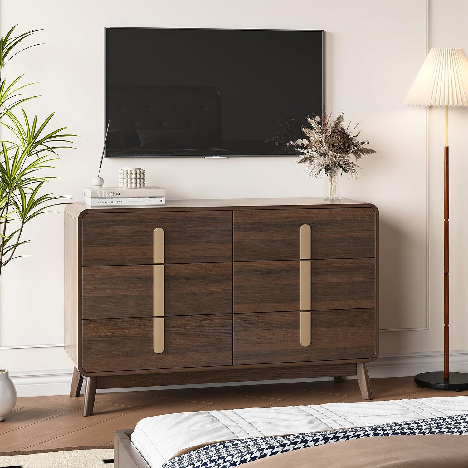JOINICE Dresser for Bedroom with 6 Drawers,Mid Century Modern Dresser with Storage,47' Wide Chest of Drawers with Metal Handles,Large Wood Drawer Organizer for Bedroom,Living Room,Hallway,Walnut