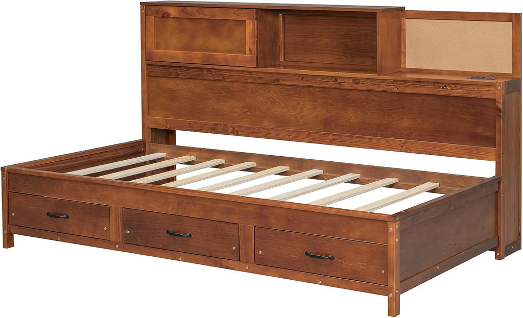 Wooden Daybed with 3 Storage Drawers, Upper Soft Board, Shelf, and a Set of Sockets and USB Ports, Multi-Functional Bed Frame for Bedroom, Twin Size, Walnut