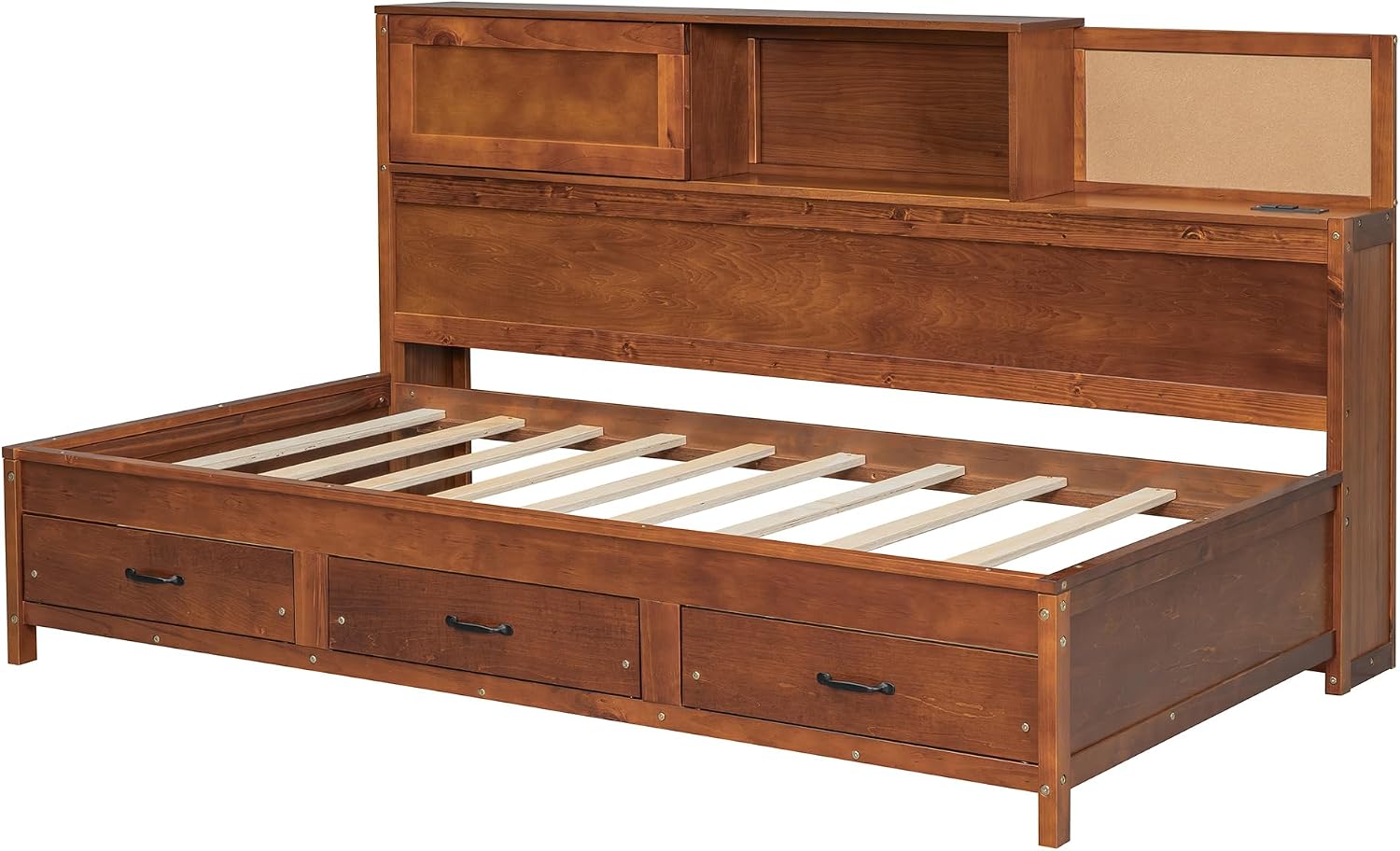 Wooden Daybed with 3 Storage Drawers, Upper Soft Board, Shelf, and a Set of Sockets and USB Ports, Multi-Functional Bed Frame for Bedroom, Twin Size, Walnut