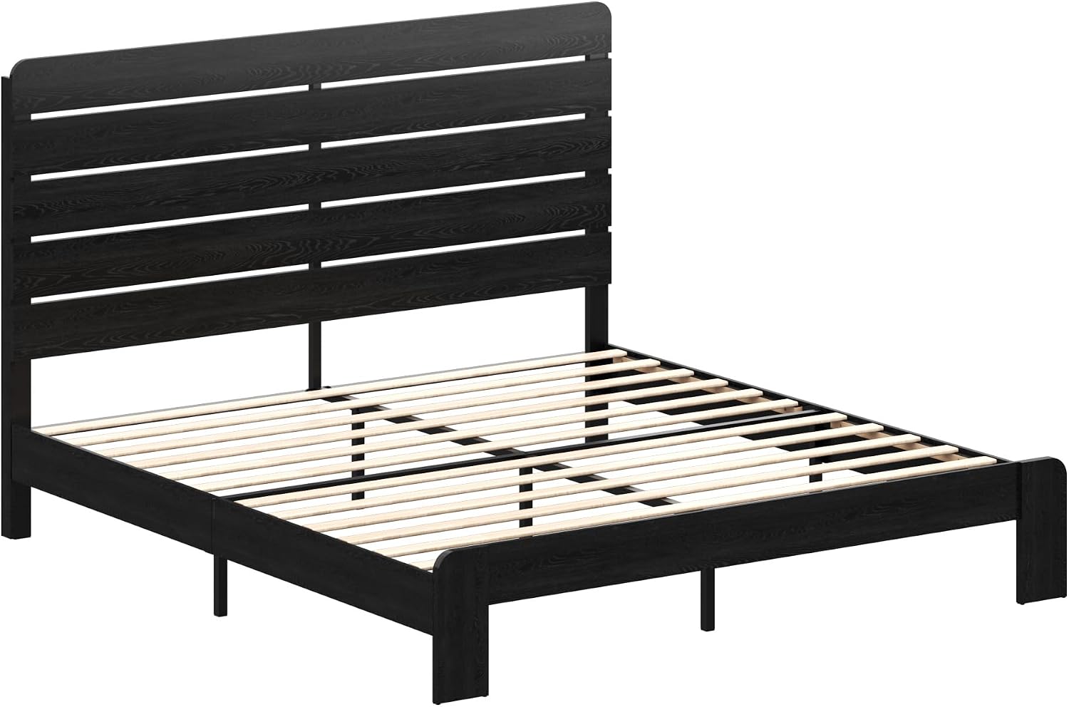 Wooden King Size Bed Frame with Headboard, Rustic Farmhouse Platform Bedframe with Wood Slat Support, Sturdy and No Noise, Easy Assembly (Black, King)