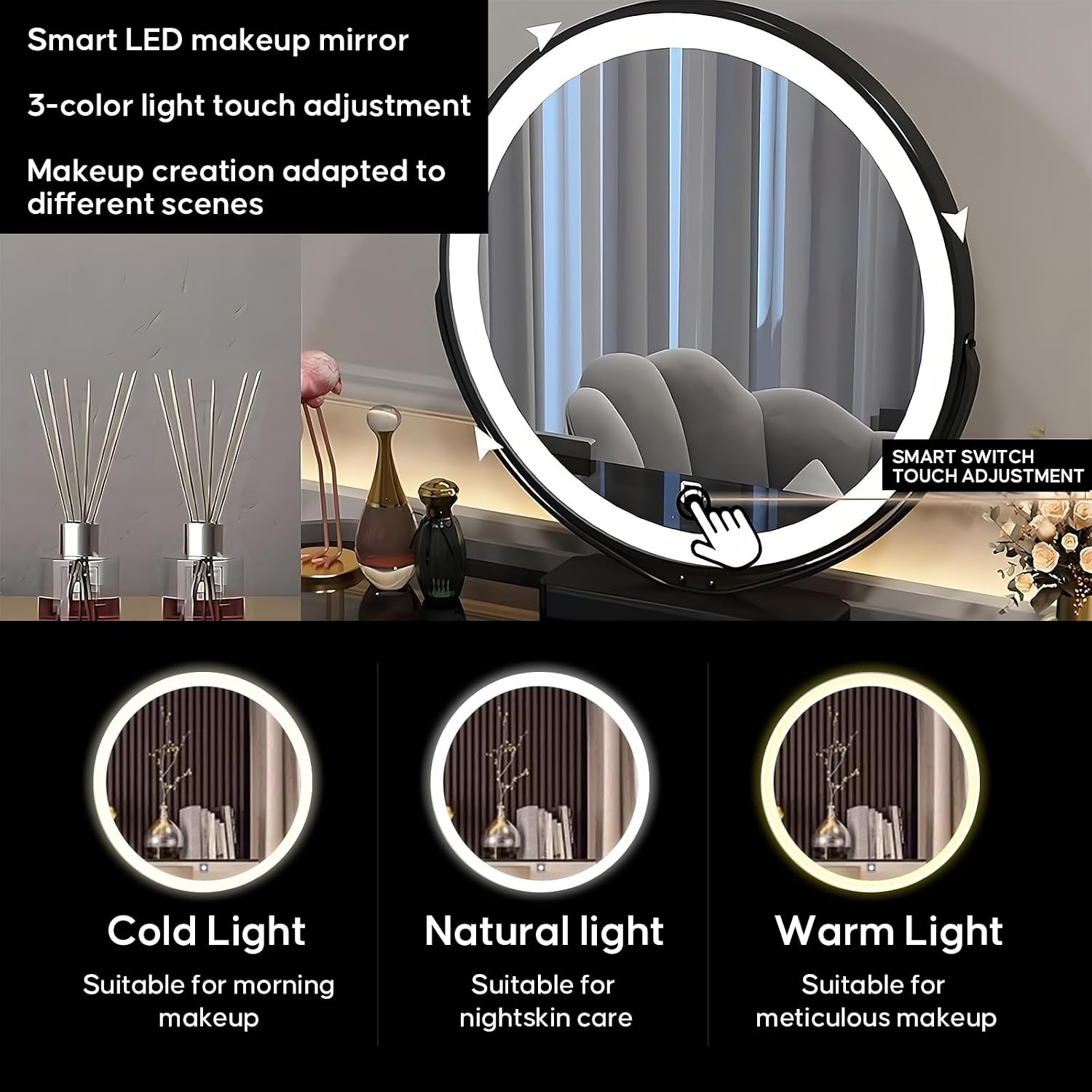 Vanity Desk, Simple Vanities with Chair and Side Cabinet with Drawers, Modern Dressing Table with LED Smart Round Mirror and Tempered Glass Countertop, Solid Wood Bedroom Makeup Vanity (Grey,47')