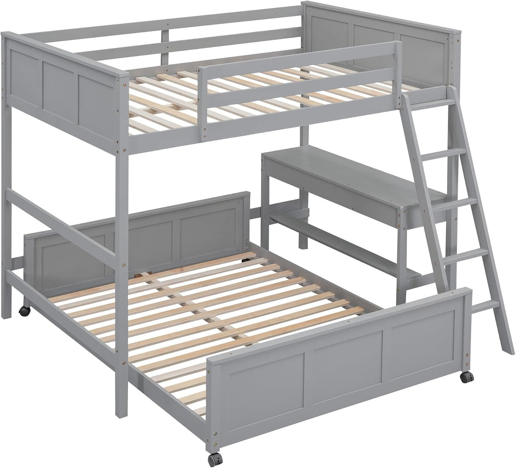 Ball & Cast Full Over Full Bunk Bed with Safty Guardrail & Stairway,Heavy Duty Wood Loft Bedframe W/Desk & Drawers,Easy Assembly,Versatile Functional Bedroom Furniture Set for Boy Girl Teens,Gray