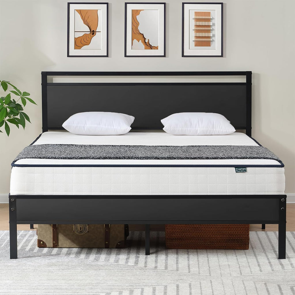 Z-hom Full Metal Bed Frame with Wooden Headboard and Footboard, Heavy Duty Platform Frame with Metal Slats, No Box Spring Needed, Quiet and Non-Slip Design, Space Saving Bed Frame for Bedroom,Black
