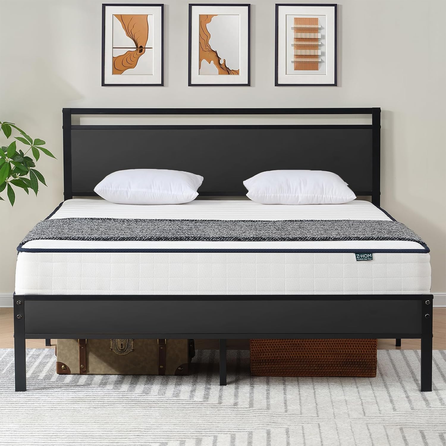 Z-hom Full Metal Bed Frame with Wooden Headboard and Footboard, Heavy Duty Platform Frame with Metal Slats, No Box Spring Needed, Quiet and Non-Slip Design, Space Saving Bed Frame for Bedroom,Black