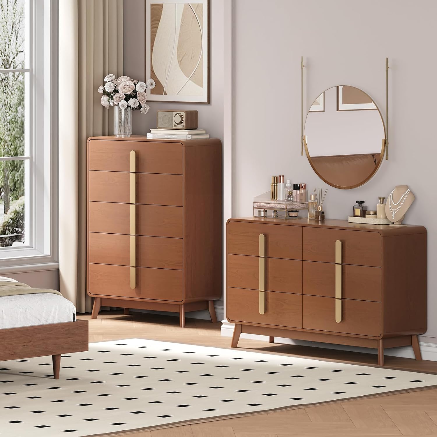 JOINICE Dresser for Bedroom with 6 Drawers,Mid Century Modern Dresser with Storage,47' Wide Chest of Drawers with Metal Handles,Large Wood Drawer Organizer for Bedroom,Living Room,Hallway,Cherry