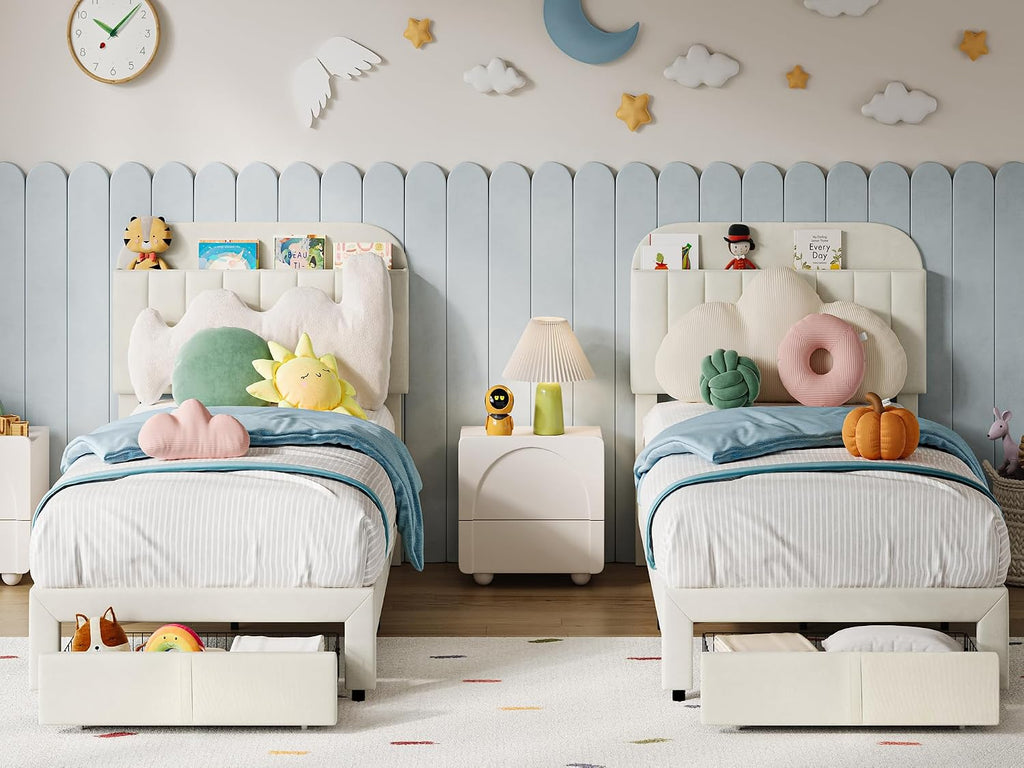 IDEALHOUSE Set of 2 Twin Bed Frame for Kids, Upholstered Platform Bed with Large Storage Drawer and Bookcase Headboard, Girls Boys Bed, Noise-Free, Easy Assembly, No Box Spring Needed, Cream White
