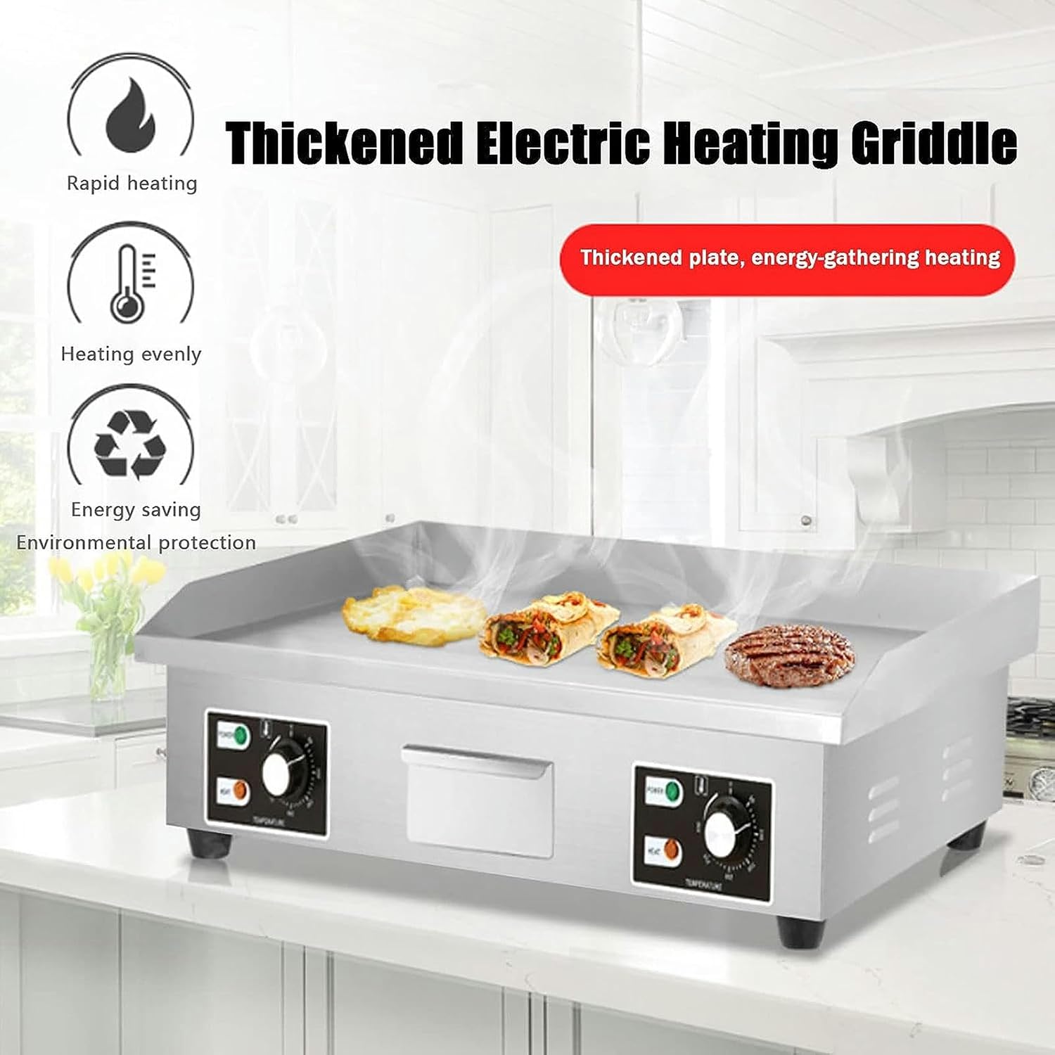 Commercial Electric Griddle, Kitchen BBQ Grill, Stainless Steel Electric Griddle, Nonstick Countertop Hot Plate Commercial BBQ Grill, Two Burners with Thermostatic Control, 110~240V