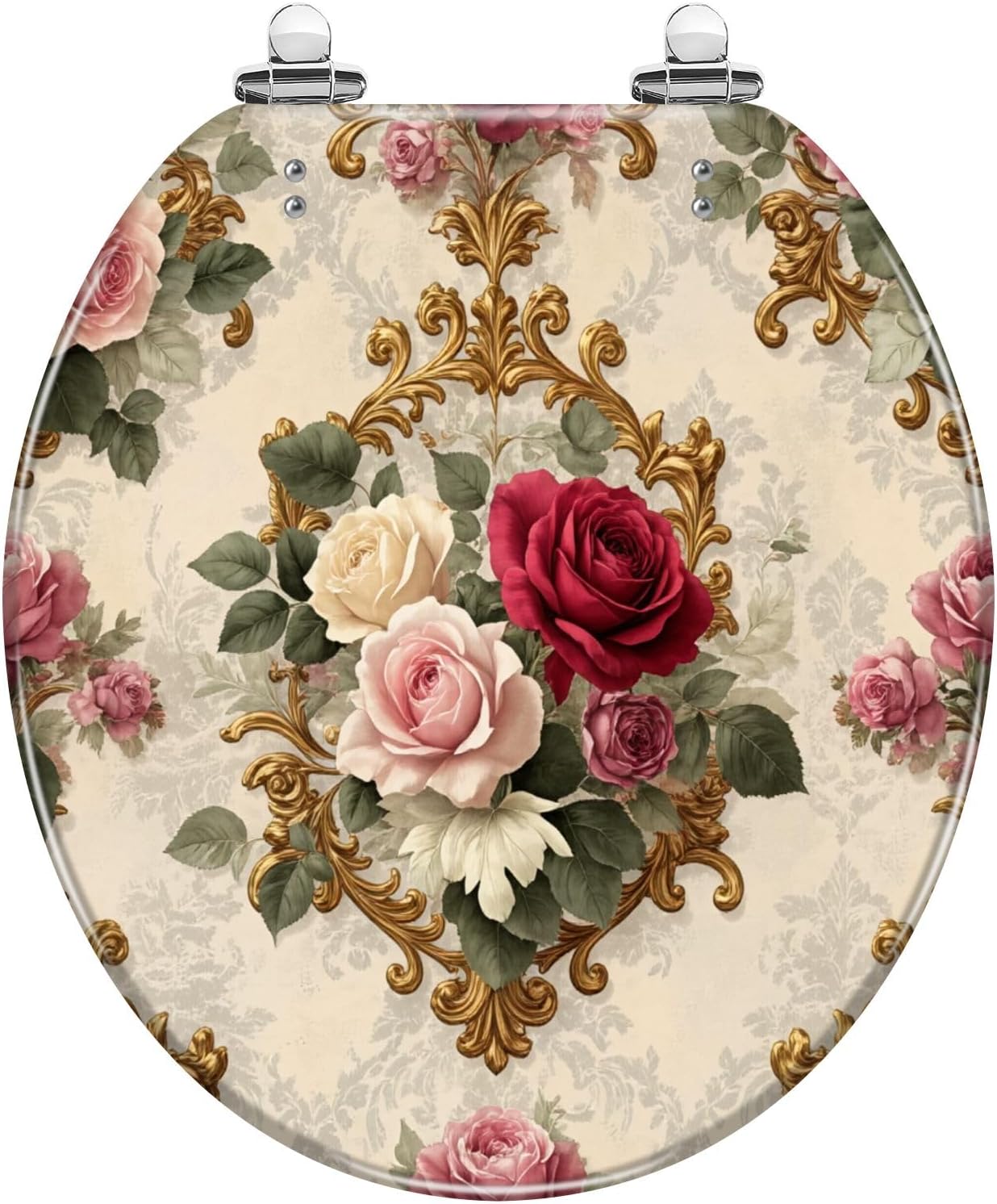 Round Toilet Seat Floral Roses Ornate Gold Soft Pink Victorian Vintage Baroque Resin Toilet Seat with Quietly Close Quick Release Hinges Decorative Toilet Seat with Cover Easy to Clean and Install