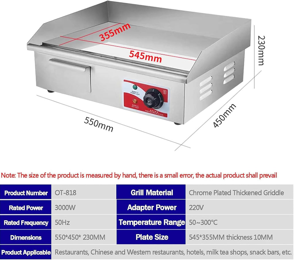 Commercial Electric Griddle Flat Top Grill Hot Plate BBQ Temperature Control Electric Countertop Griddle Non-Stick Chrome-Plated Restaurant Teppanyaki Grill for BBQ Grill Party,21.5in