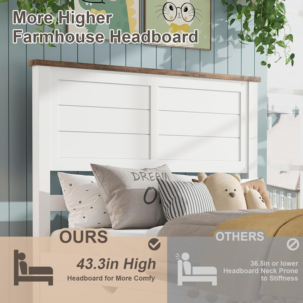 LUXOAK Twin Size Farmhouse Wooden Bed Frame with Headboard and 4 Sliding Drawers, Barn Door Panel Platform Bed with Wood Slats, Heavy Duty Mattress Foundation, Non-Slip & Noise-Free, Antique White