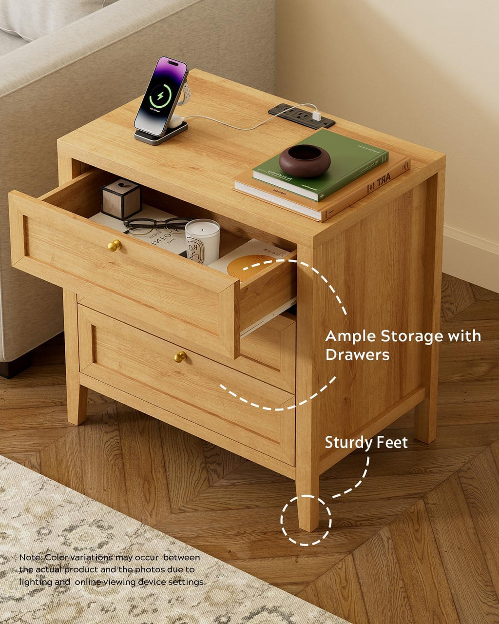 EYYTHUNG 3 Drawer Nightstand with Charging Station, Farmhouse Large Bedside End Table with Storage Drawers, Modern Wood Night Stand for Sofa, Bedroom, Natural Oak