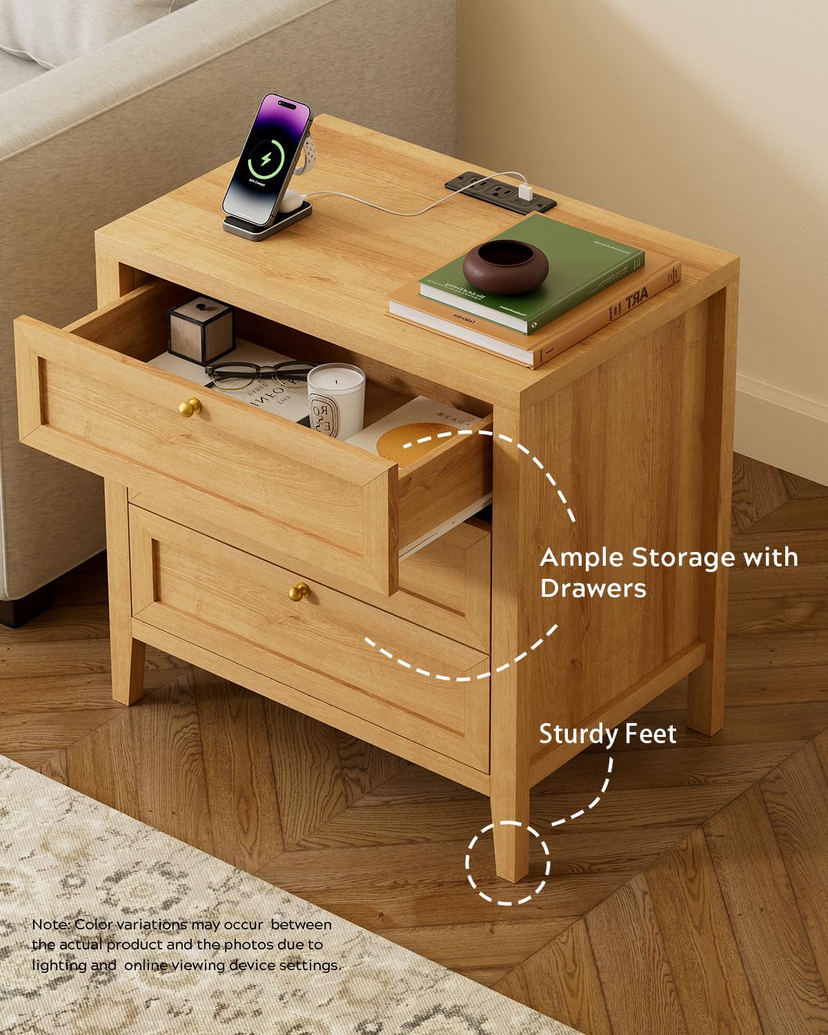 EYYTHUNG 3 Drawer Nightstand with Charging Station, Farmhouse Large Bedside End Table with Storage Drawers, Modern Wood Night Stand for Sofa, Bedroom, Natural Oak