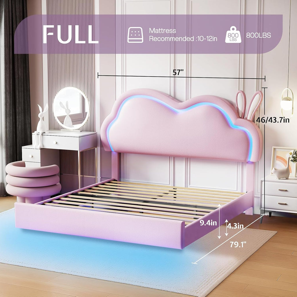 Jocisland Full Size Floating Bed Frame, Faux Leather Upholstered Platform Bed with LED Lights, Adjustable Cloud Headboard, No Box Spring Needed, Pink | Bunny Ears Design