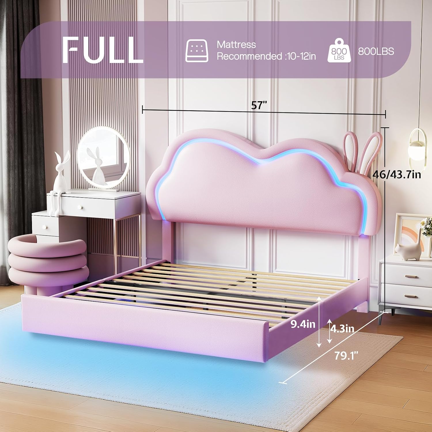 Jocisland Full Size Floating Bed Frame, Faux Leather Upholstered Platform Bed with LED Lights, Adjustable Cloud Headboard, No Box Spring Needed, Pink | Bunny Ears Design