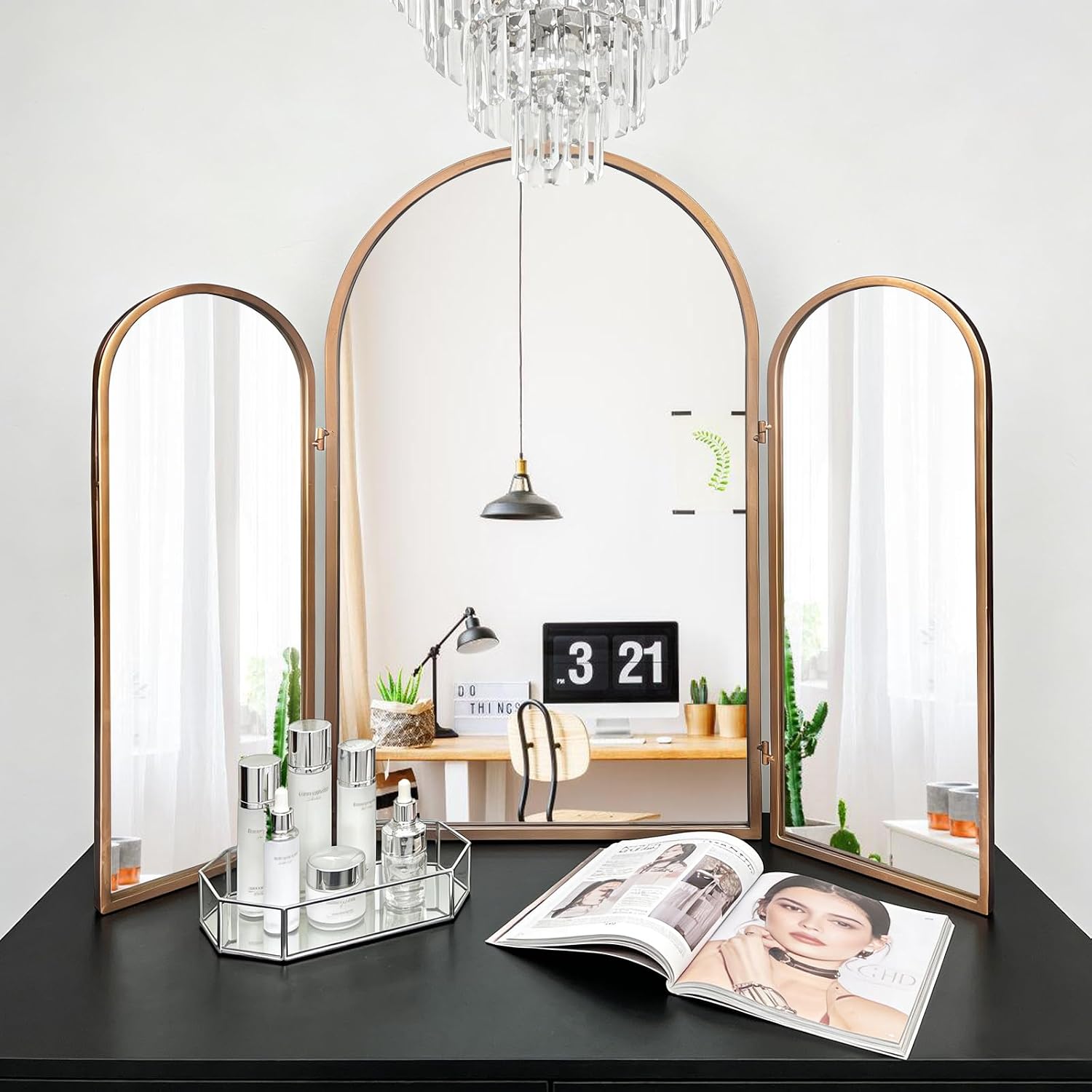 BAODANFU Vintage Gold Trifold Vanity Mirror, 3 Way Mirror for Makeup Room, Dressing Room, Bedroom, Bathroom