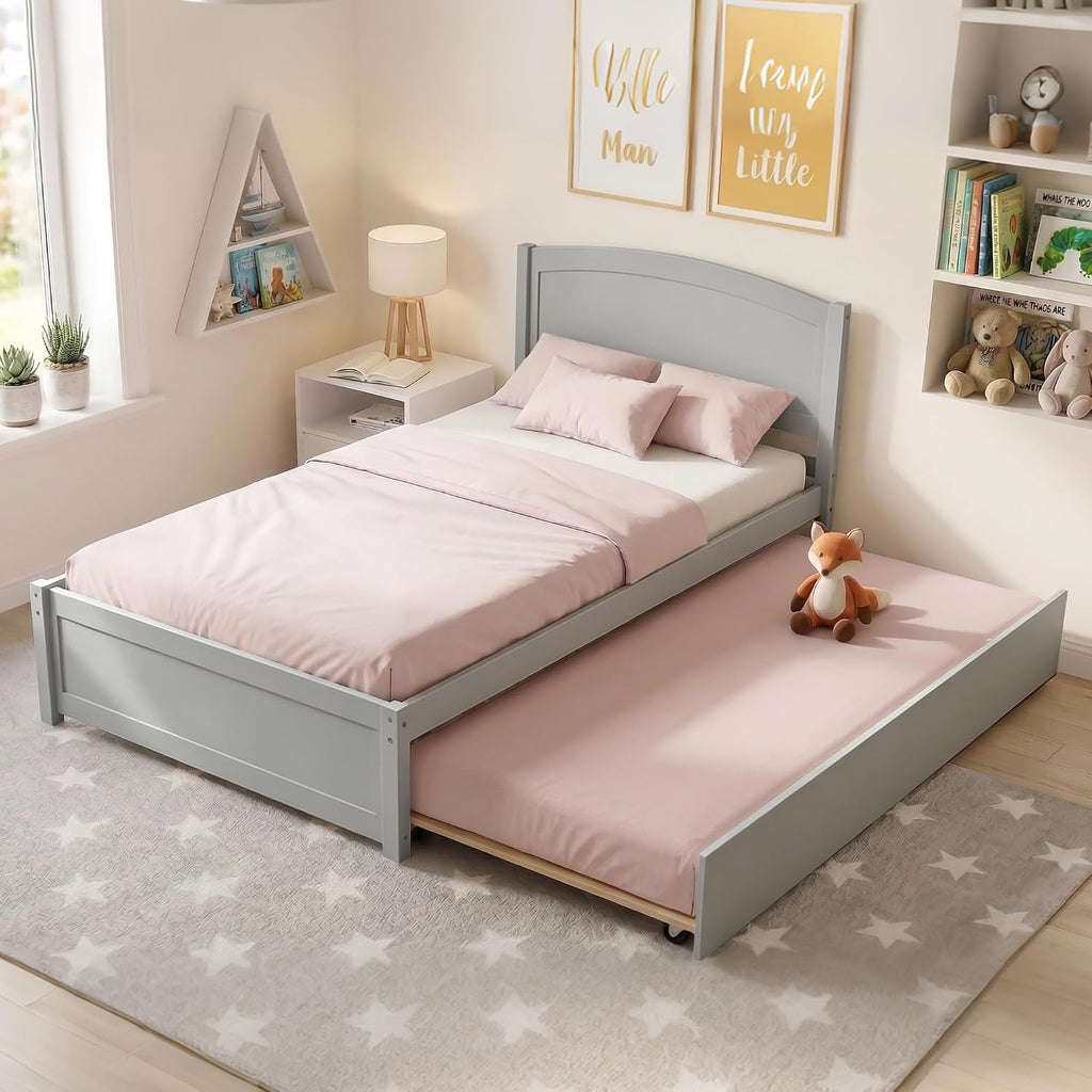 Xilingol Trundle Bed Twin, Solid Wood Beds Frames with Headboard and Wooden Slats Support, Twin Trundle Beds Frame Roll Out, Single Box Bed (No Box Spring Needed), Grey