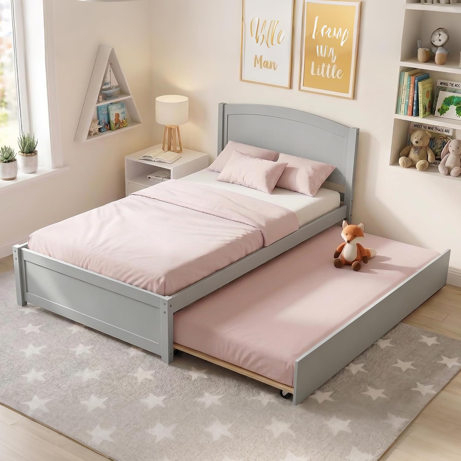 Xilingol Trundle Bed Twin, Solid Wood Beds Frames with Headboard and Wooden Slats Support, Twin Trundle Beds Frame Roll Out, Single Box Bed (No Box Spring Needed), Grey