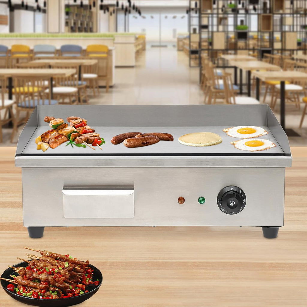 Teppanyaki, 3000W Electric Griddle Cooktop Countertop Commercial Flat Top Grill Griddles BBQ Plate Grill Thermostatic Control Stainless Steel Restaurant Large Grill for Kitchen, 22, silver