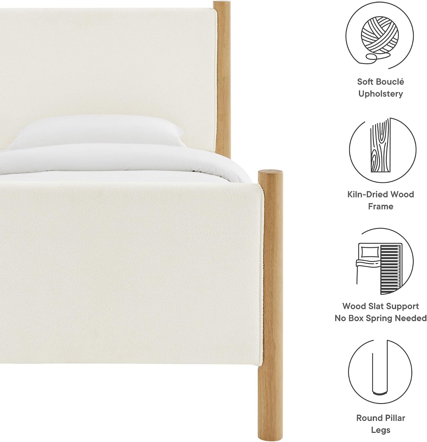 Modway Maven Twin Size Bed Frame in Feather Oak with Upholstered Boucle Headboard and Footboard – Wood Twin Platform Bed Frame – No Box Spring Needed
