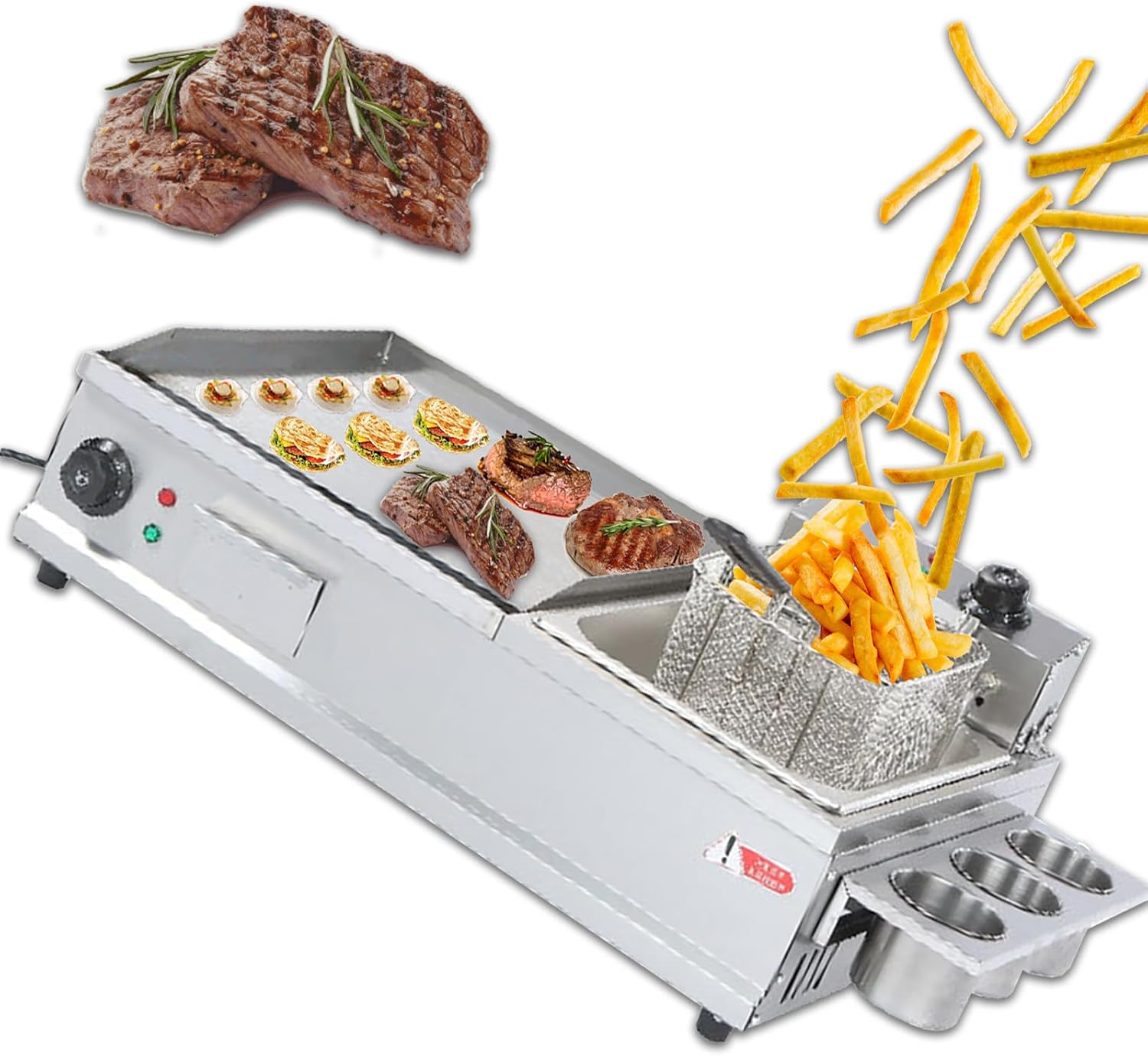 Commercial Electric Griddle with Deep Fryer, 50-300℃ Countertop Flat Top Grill, Deep Fryer & Griddle for Cheese Hot Dog Stick (L)